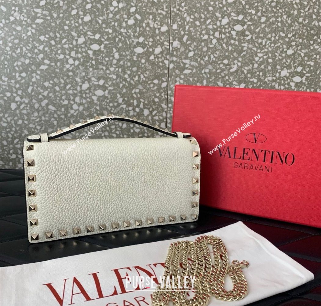 Valentino Rockstud Wallet with Chain in Grainy Calfskin White 2025 VLTN098 (LKF-250626033)