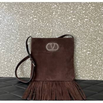 Valentino Nellcôte Shoulder Bag in Suede with Stud VLogo Signature and Fringes Tassel Brown 2025 2026 (LKF-250626060)