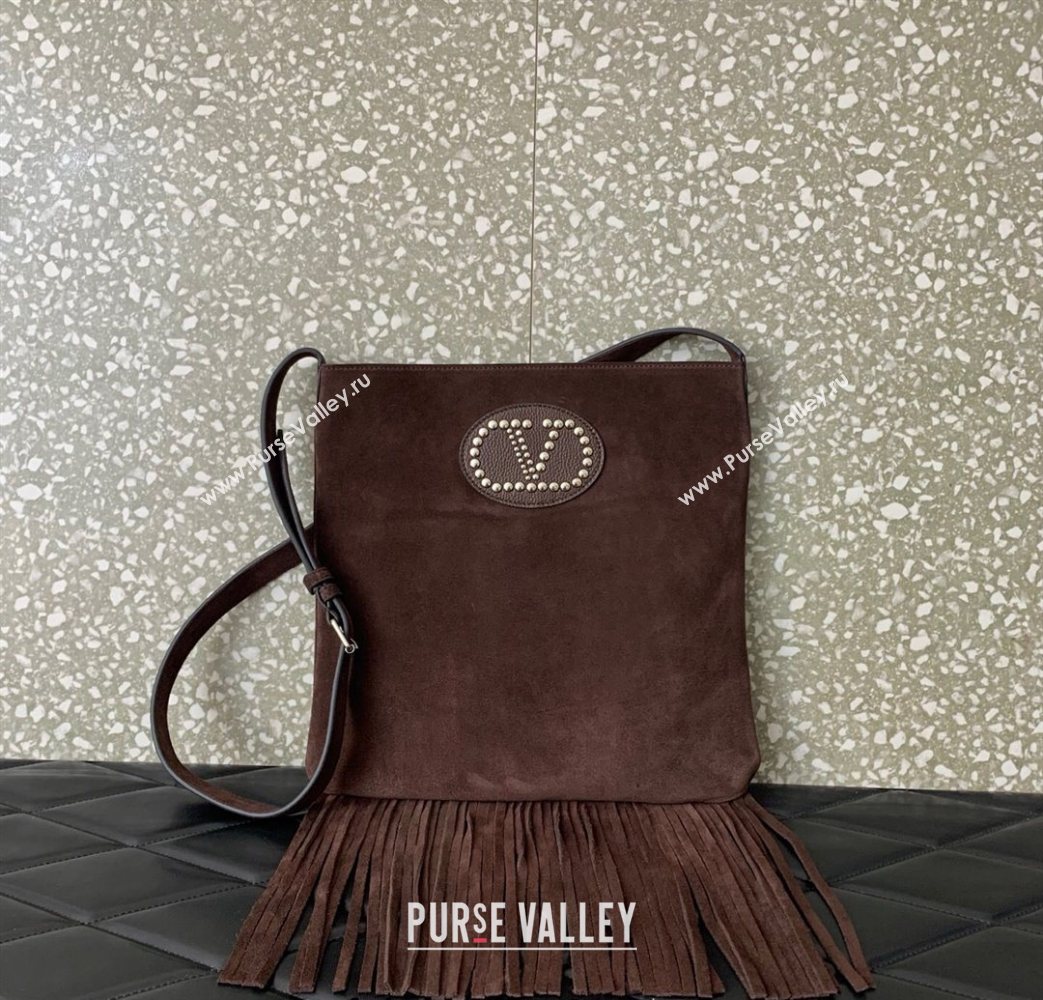 Valentino Nellcôte Shoulder Bag in Suede with Stud VLogo Signature and Fringes Tassel Brown 2025 2026 (LKF-250626060)