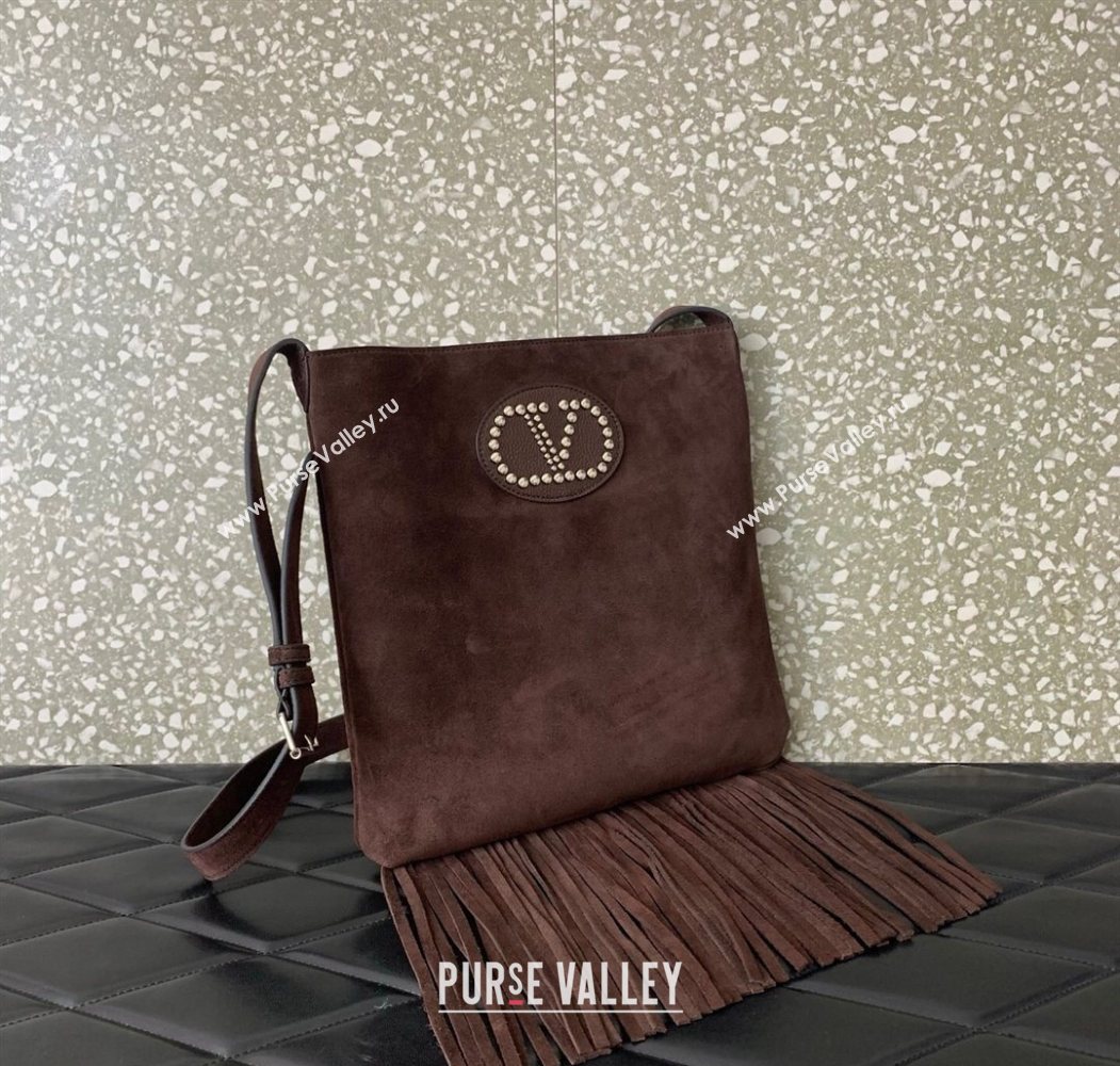 Valentino Nellcôte Shoulder Bag in Suede with Stud VLogo Signature and Fringes Tassel Brown 2025 2026 (LKF-250626060)