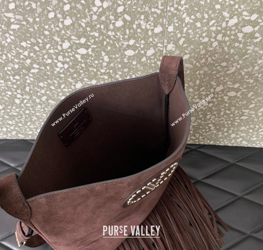 Valentino Nellcôte Shoulder Bag in Suede with Stud VLogo Signature and Fringes Tassel Brown 2025 2026 (LKF-250626060)