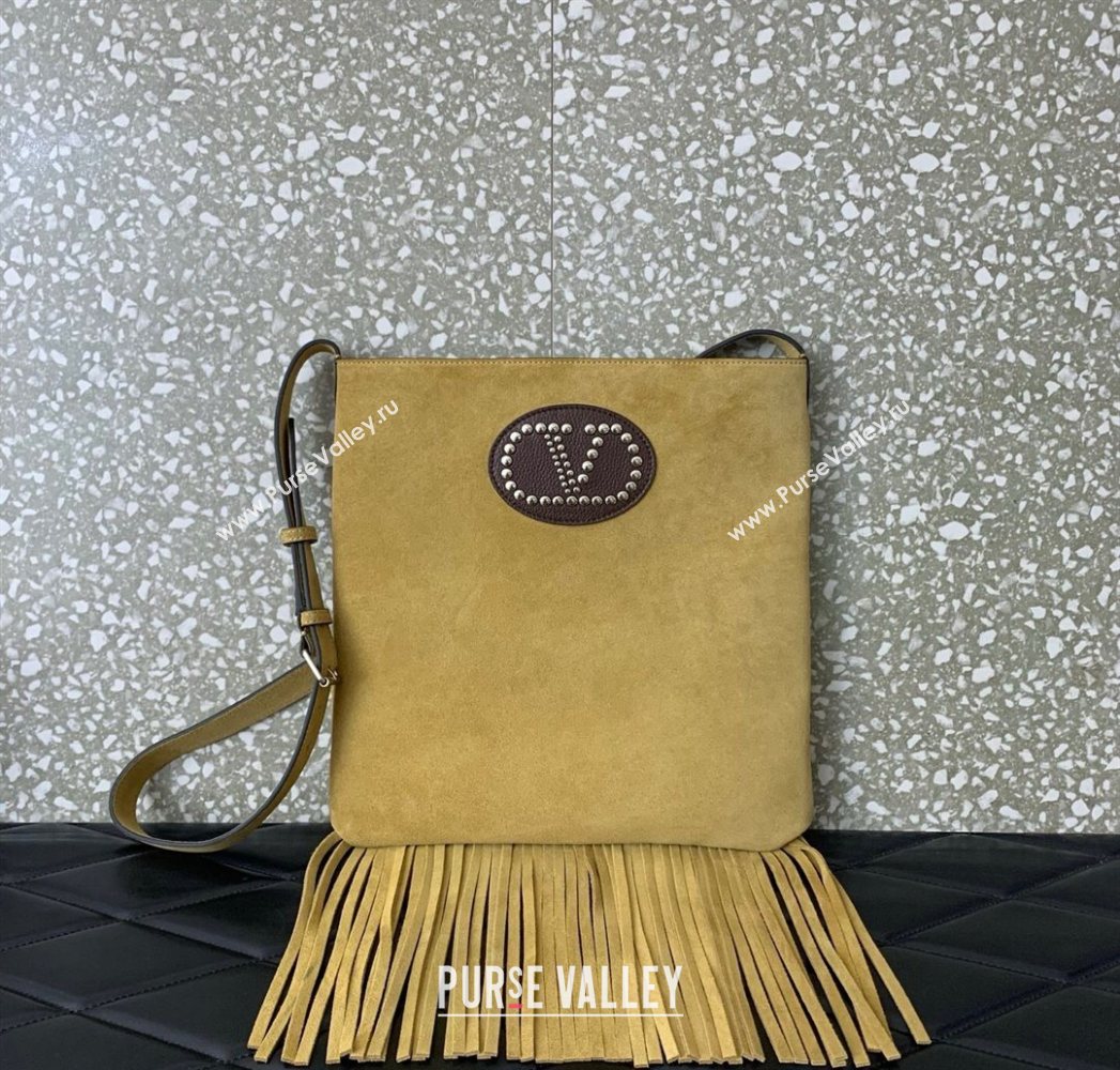 Valentino Nellcôte Shoulder Bag in Suede with Stud VLogo Signature and Fringes Tassel Khaki 2025 2026 (LKF-250626061)