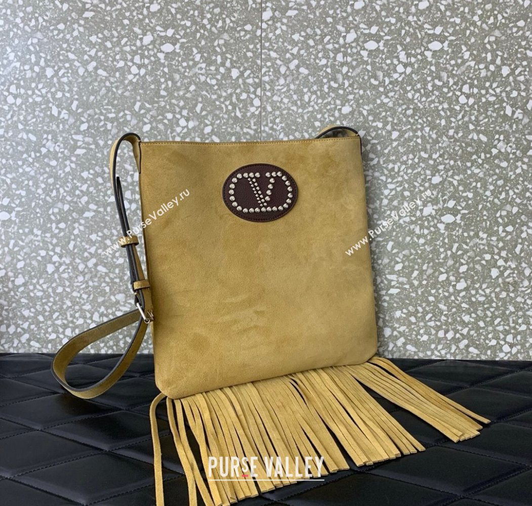 Valentino Nellcôte Shoulder Bag in Suede with Stud VLogo Signature and Fringes Tassel Khaki 2025 2026 (LKF-250626061)