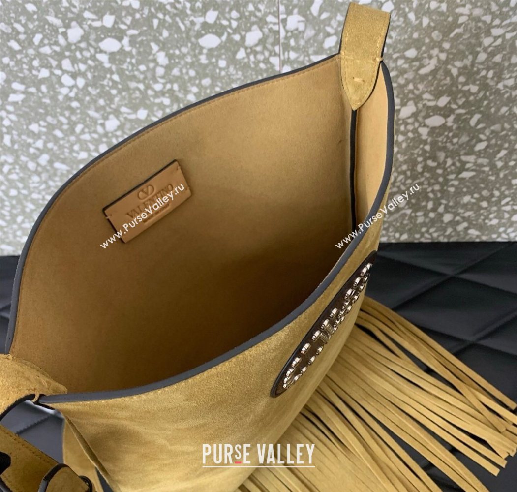 Valentino Nellcôte Shoulder Bag in Suede with Stud VLogo Signature and Fringes Tassel Khaki 2025 2026 (LKF-250626061)
