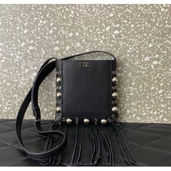 Valentino Nellcôte Small Shoulder Bag in Grainy Calfskin with Fringes Tassel and Ball Studs Black 2025 2034 (LKF-250626048)