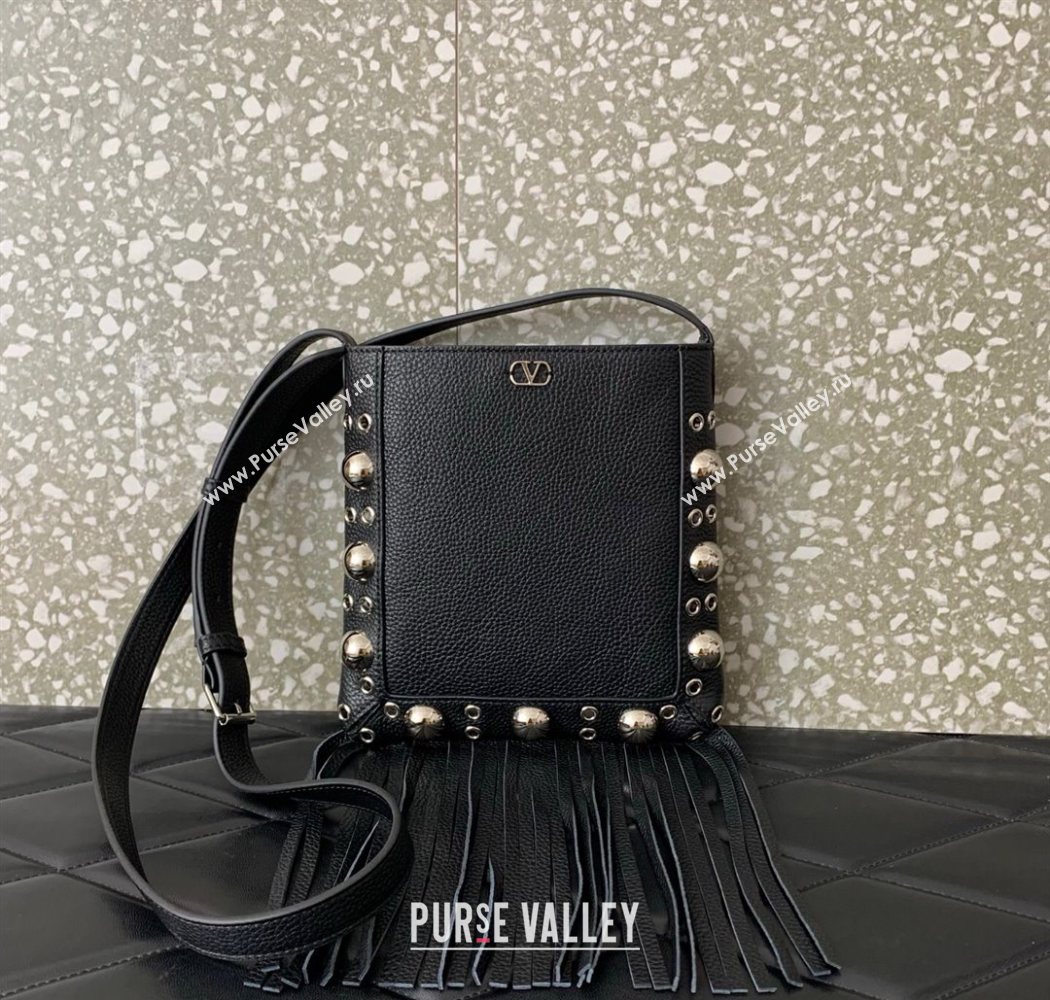 Valentino Nellcôte Small Shoulder Bag in Grainy Calfskin with Fringes Tassel and Ball Studs Black 2025 2034 (LKF-250626048)