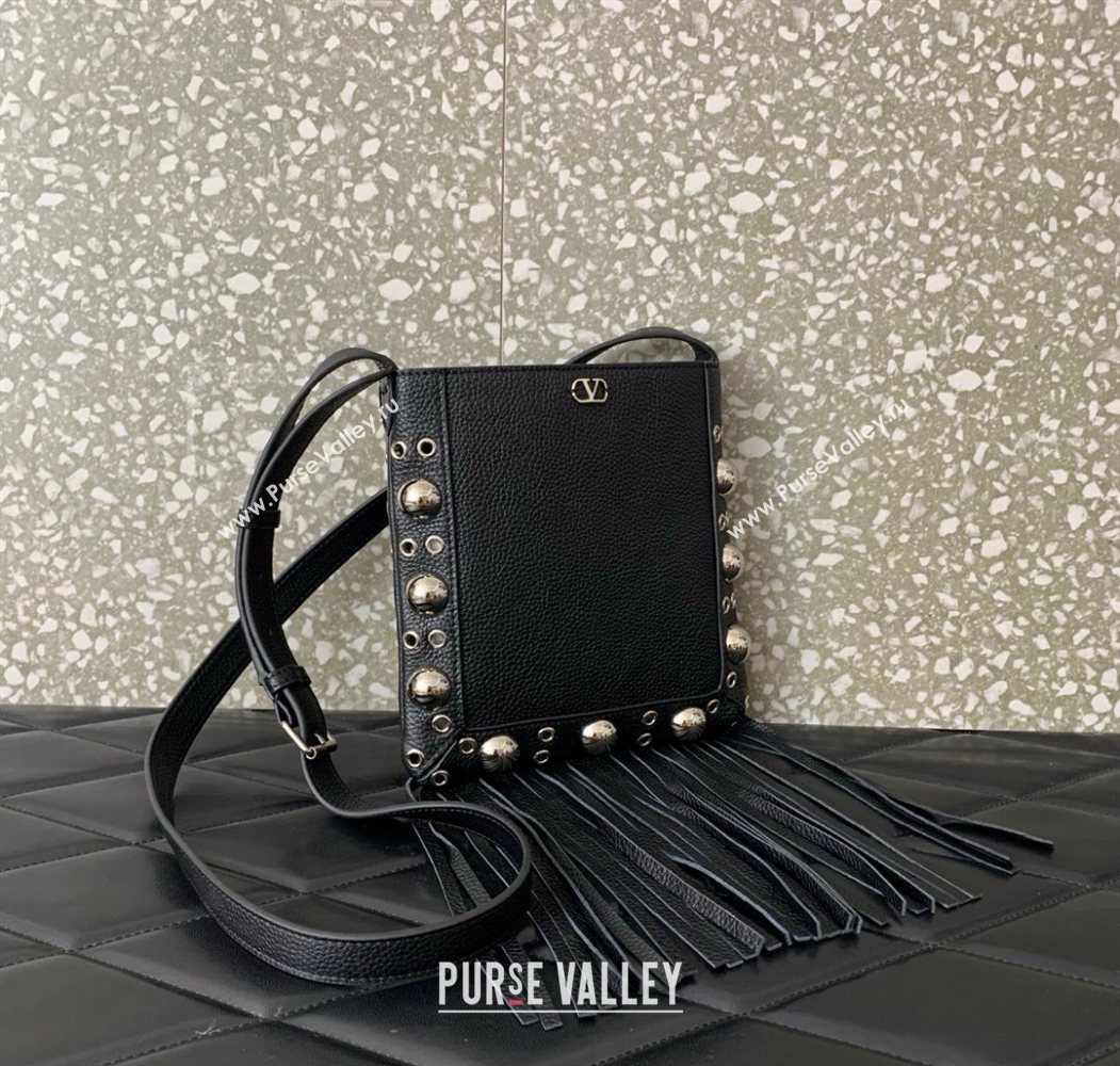 Valentino Nellcôte Small Shoulder Bag in Grainy Calfskin with Fringes Tassel and Ball Studs Black 2025 2034 (LKF-250626048)