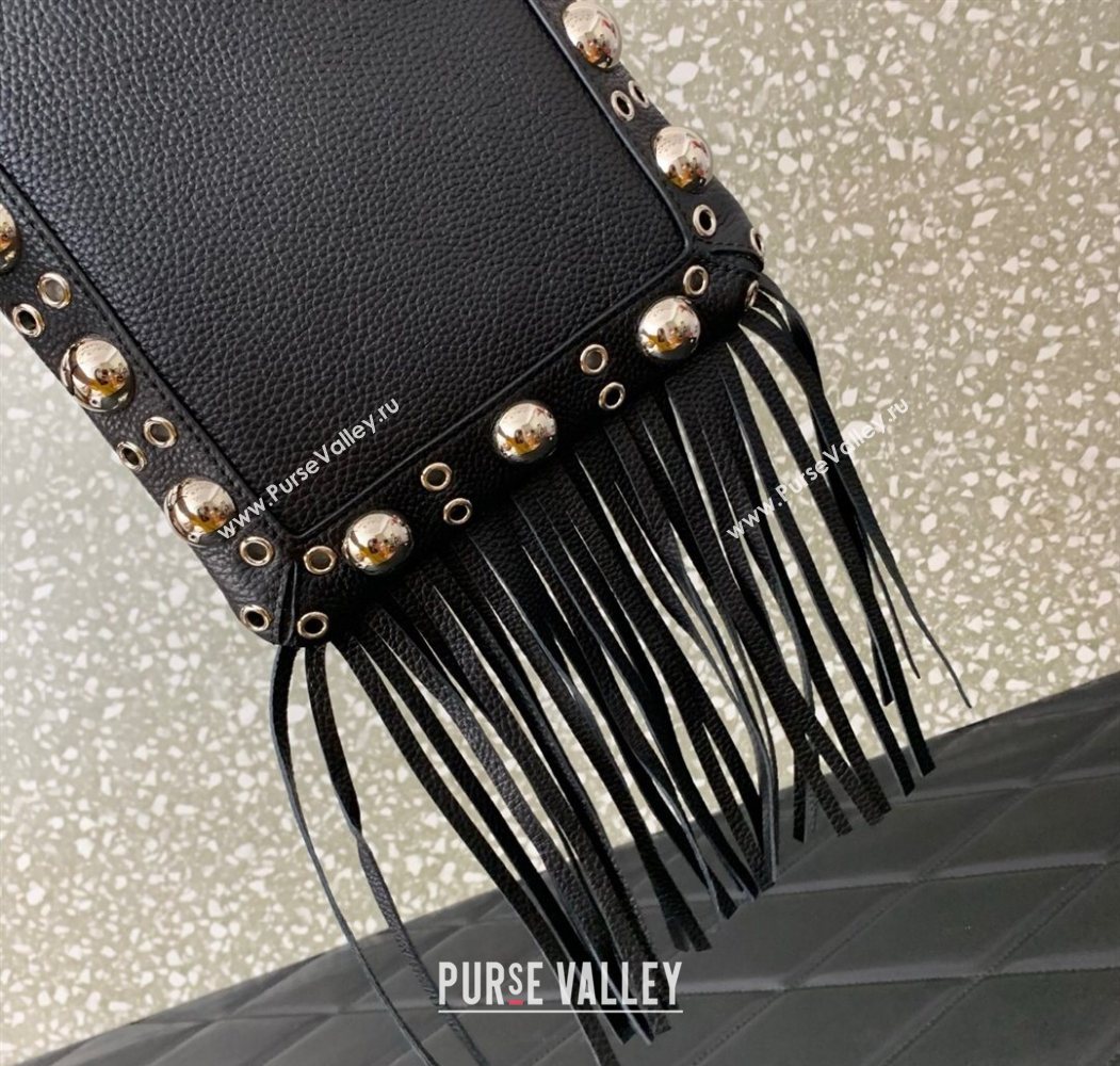 Valentino Nellcôte Small Shoulder Bag in Grainy Calfskin with Fringes Tassel and Ball Studs Black 2025 2034 (LKF-250626048)