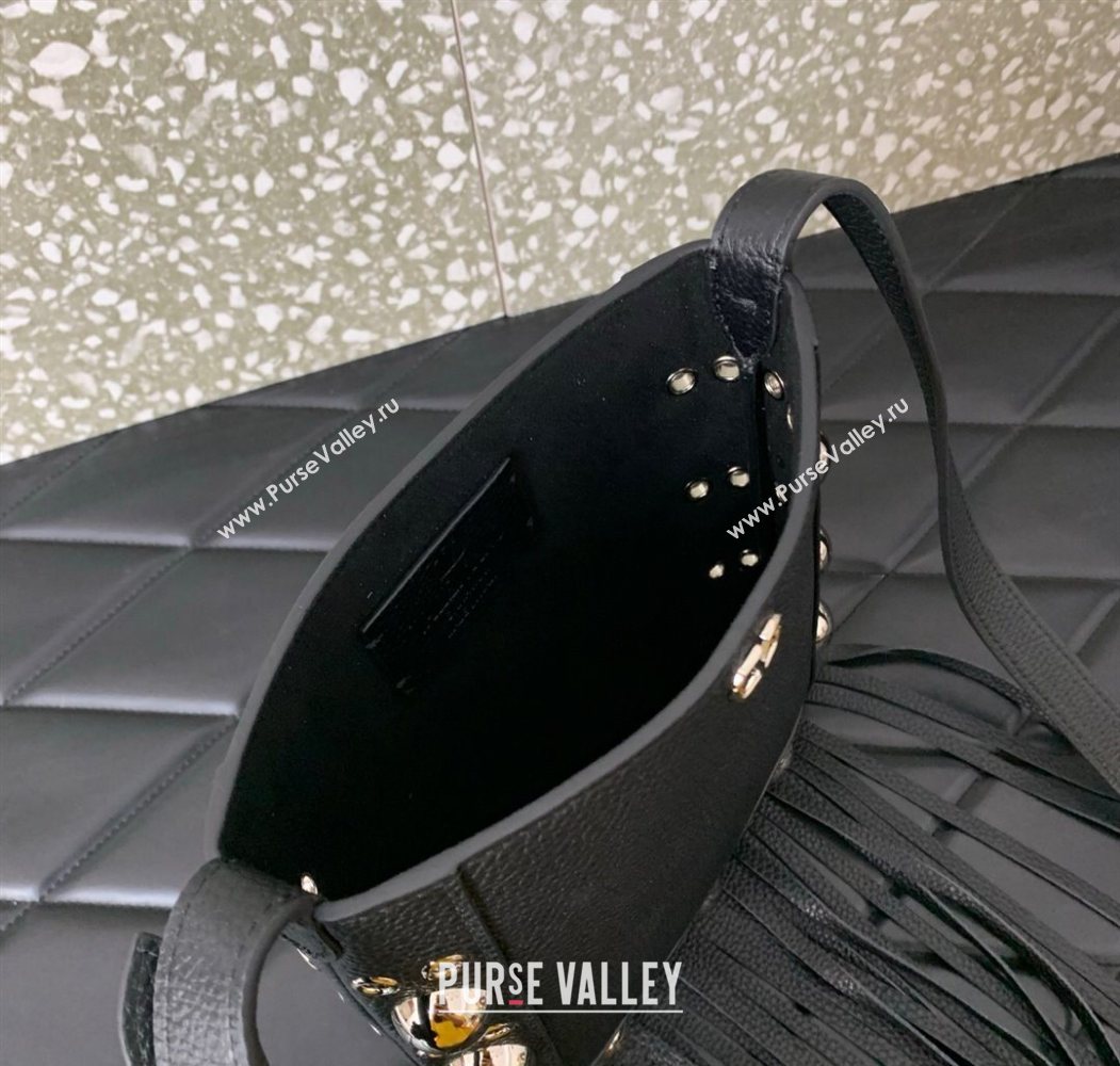 Valentino Nellcôte Small Shoulder Bag in Grainy Calfskin with Fringes Tassel and Ball Studs Black 2025 2034 (LKF-250626048)