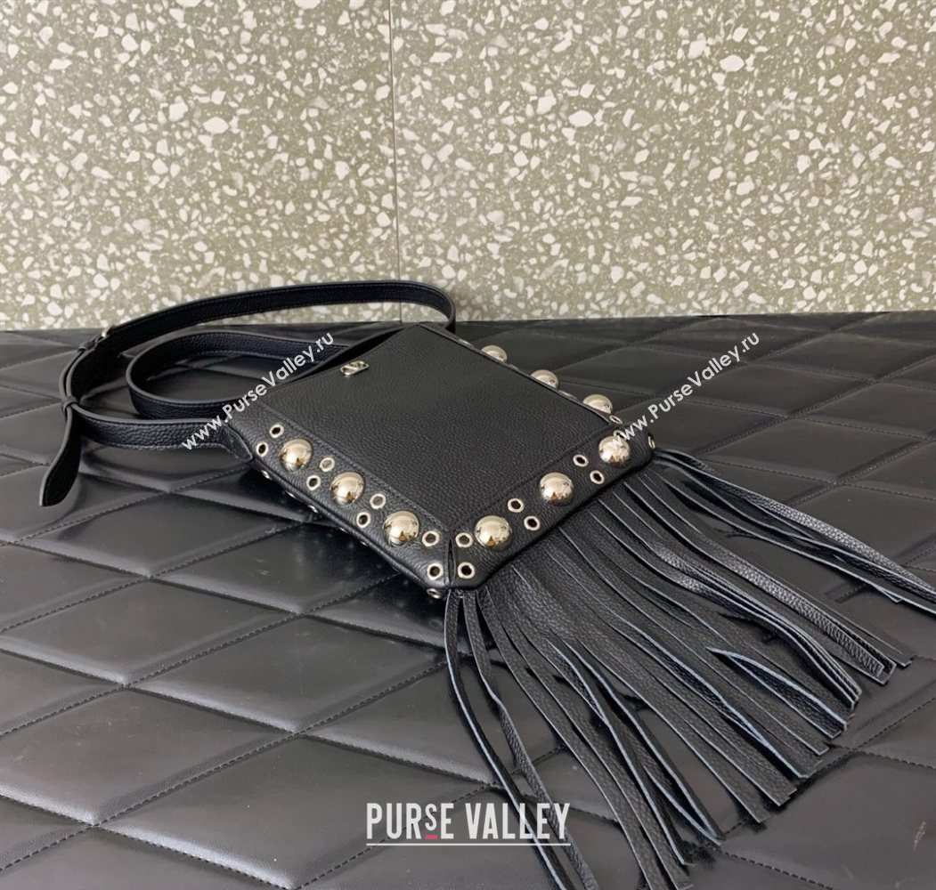 Valentino Nellcôte Small Shoulder Bag in Grainy Calfskin with Fringes Tassel and Ball Studs Black 2025 2034 (LKF-250626048)