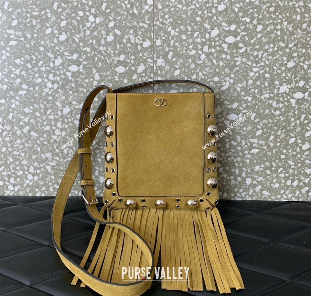 Valentino Nellcôte Small Shoulder Bag in Suede with Fringes Tassel and Ball Studs Khaki 2025 2034 (LKF-250626049)