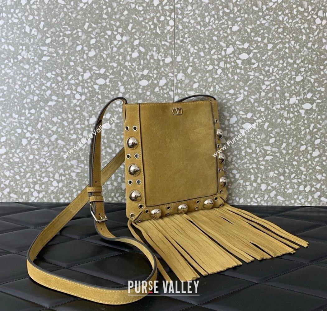 Valentino Nellcôte Small Shoulder Bag in Suede with Fringes Tassel and Ball Studs Khaki 2025 2034 (LKF-250626049)