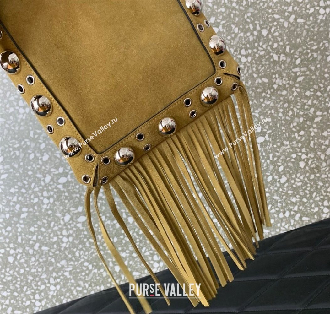 Valentino Nellcôte Small Shoulder Bag in Suede with Fringes Tassel and Ball Studs Khaki 2025 2034 (LKF-250626049)