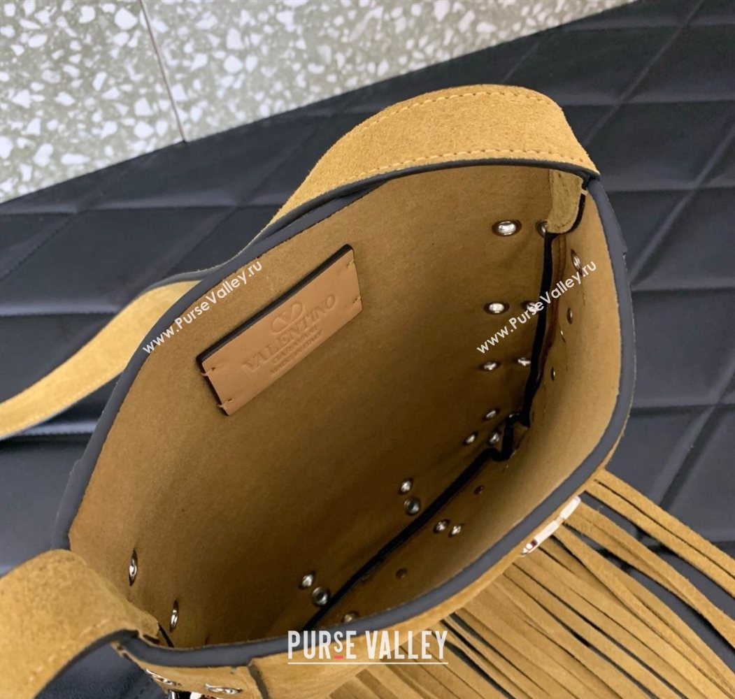 Valentino Nellcôte Small Shoulder Bag in Suede with Fringes Tassel and Ball Studs Khaki 2025 2034 (LKF-250626049)