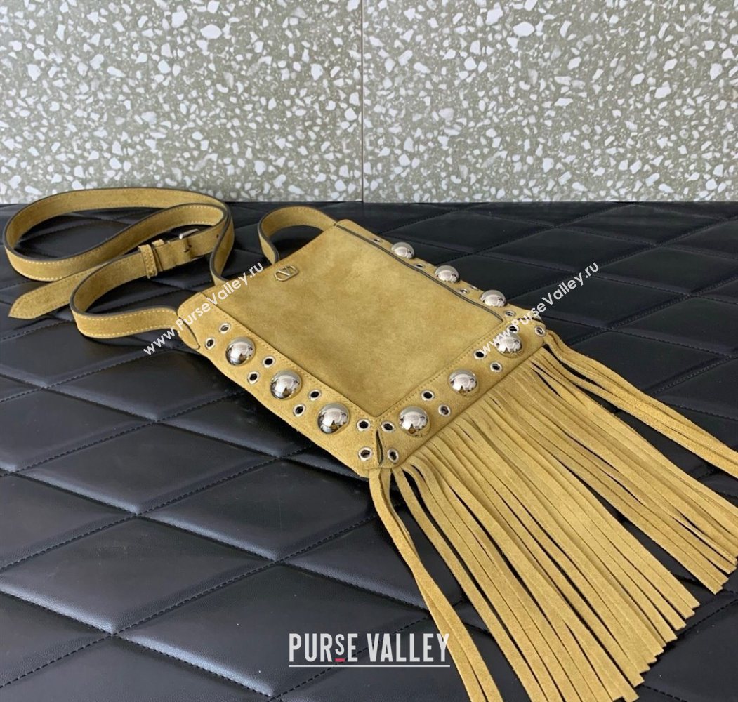 Valentino Nellcôte Small Shoulder Bag in Suede with Fringes Tassel and Ball Studs Khaki 2025 2034 (LKF-250626049)