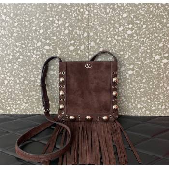 Valentino Nellcôte Small Shoulder Bag in Suede with Fringes Tassel and Ball Studs Brown 2025 2034 (LKF-250626050)