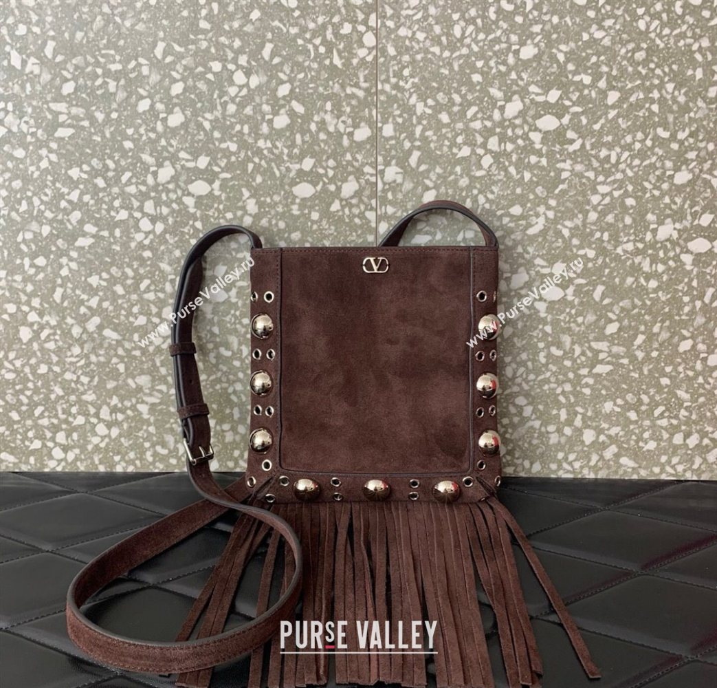 Valentino Nellcôte Small Shoulder Bag in Suede with Fringes Tassel and Ball Studs Brown 2025 2034 (LKF-250626050)