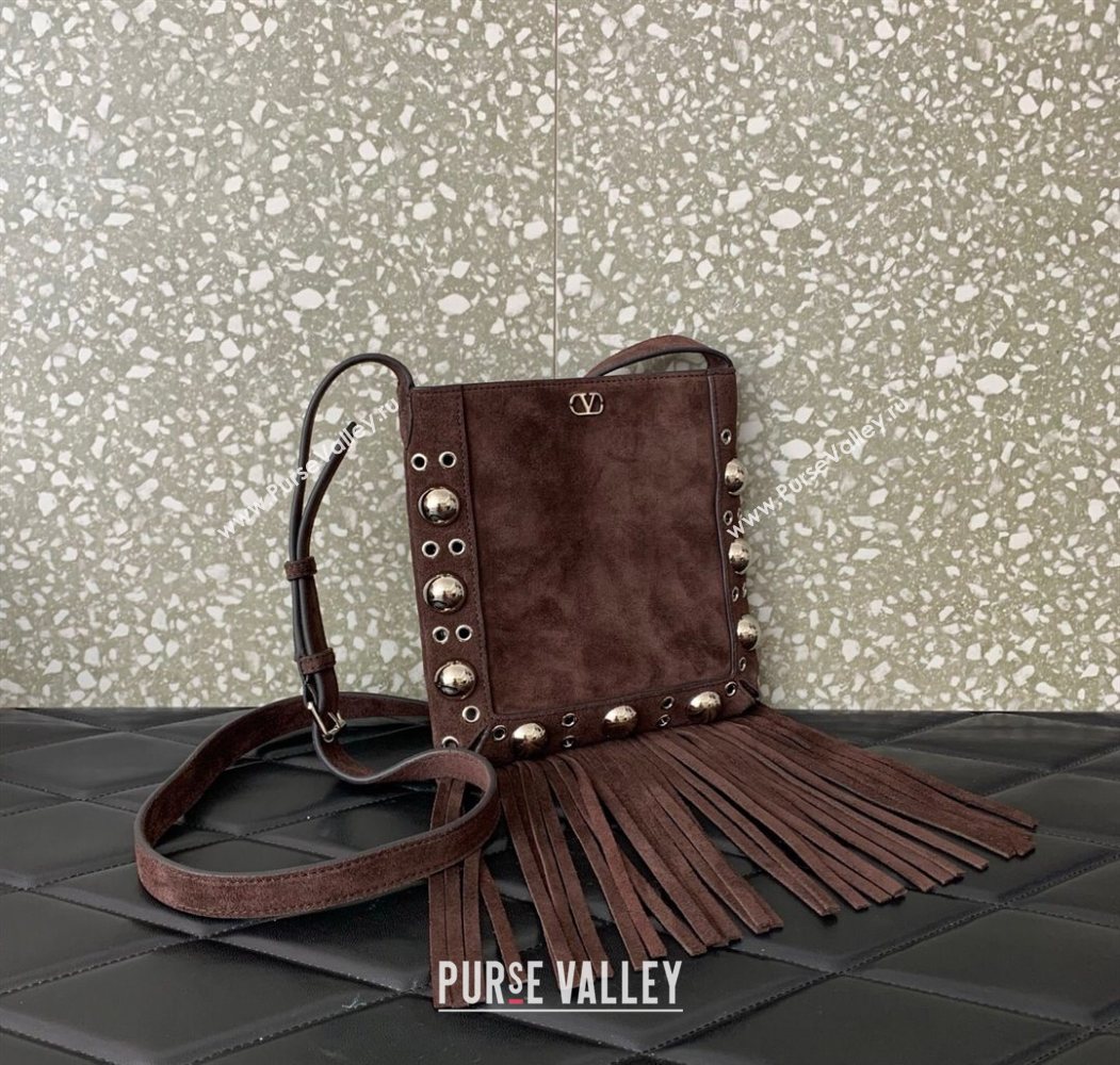 Valentino Nellcôte Small Shoulder Bag in Suede with Fringes Tassel and Ball Studs Brown 2025 2034 (LKF-250626050)