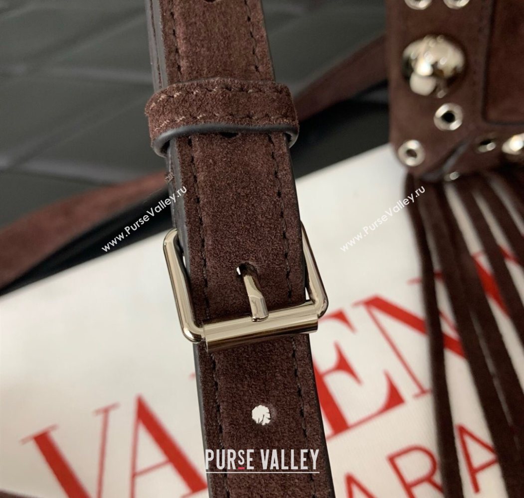 Valentino Nellcôte Small Shoulder Bag in Suede with Fringes Tassel and Ball Studs Brown 2025 2034 (LKF-250626050)