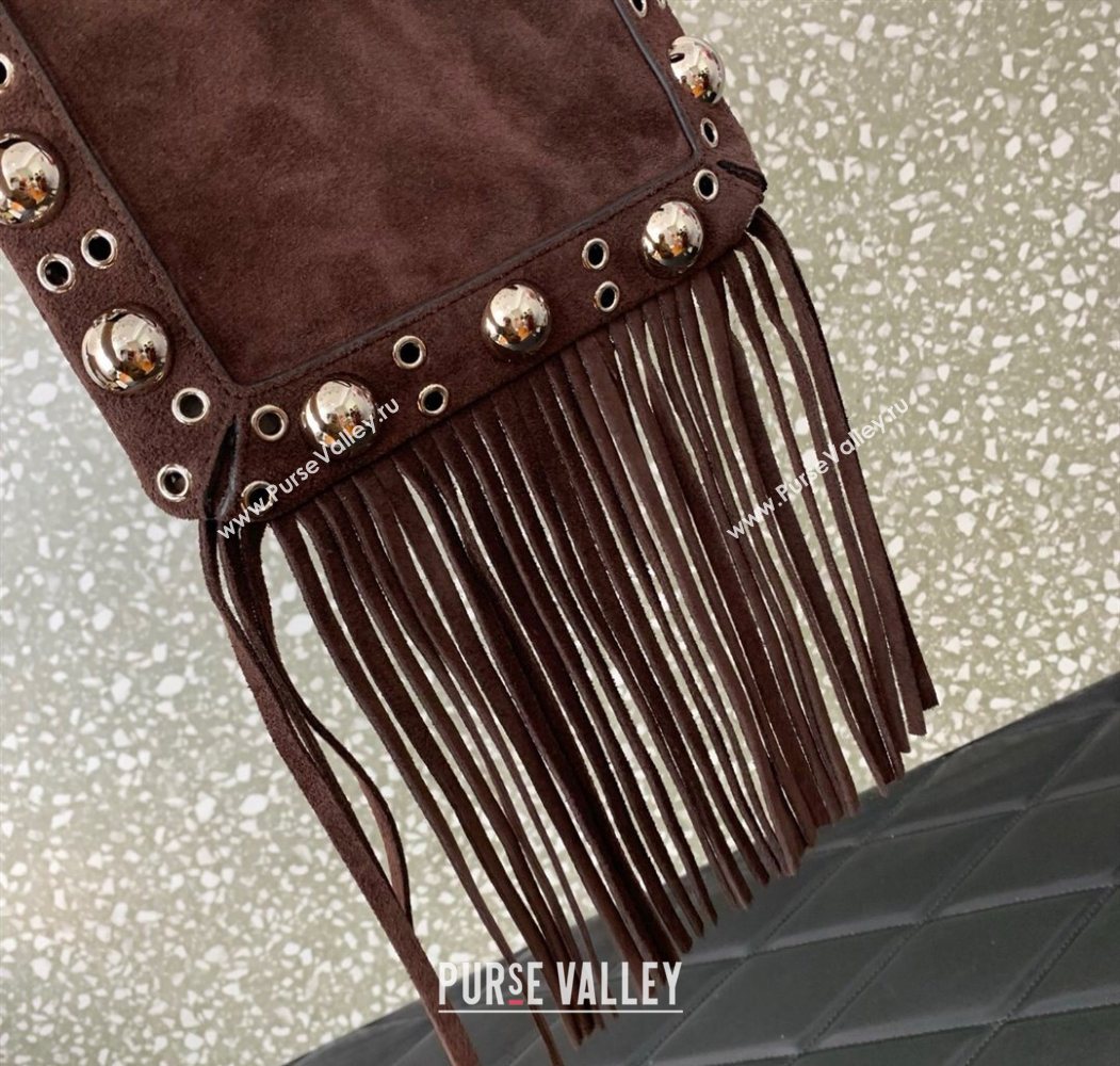 Valentino Nellcôte Small Shoulder Bag in Suede with Fringes Tassel and Ball Studs Brown 2025 2034 (LKF-250626050)