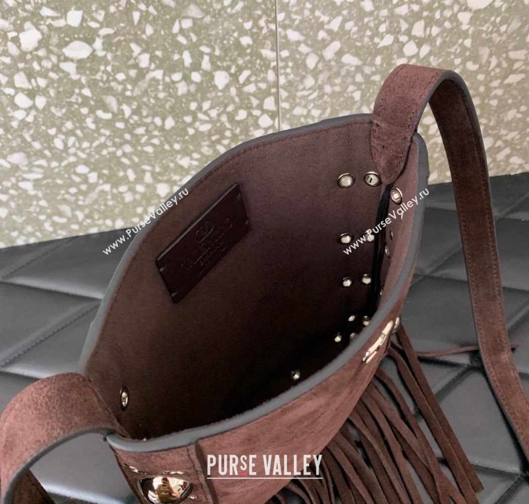 Valentino Nellcôte Small Shoulder Bag in Suede with Fringes Tassel and Ball Studs Brown 2025 2034 (LKF-250626050)