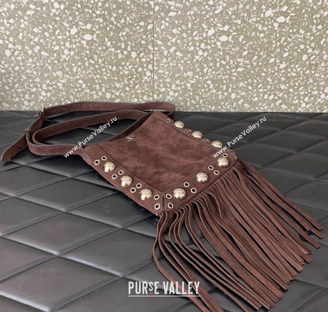 Valentino Nellcôte Small Shoulder Bag in Suede with Fringes Tassel and Ball Studs Brown 2025 2034 (LKF-250626050)