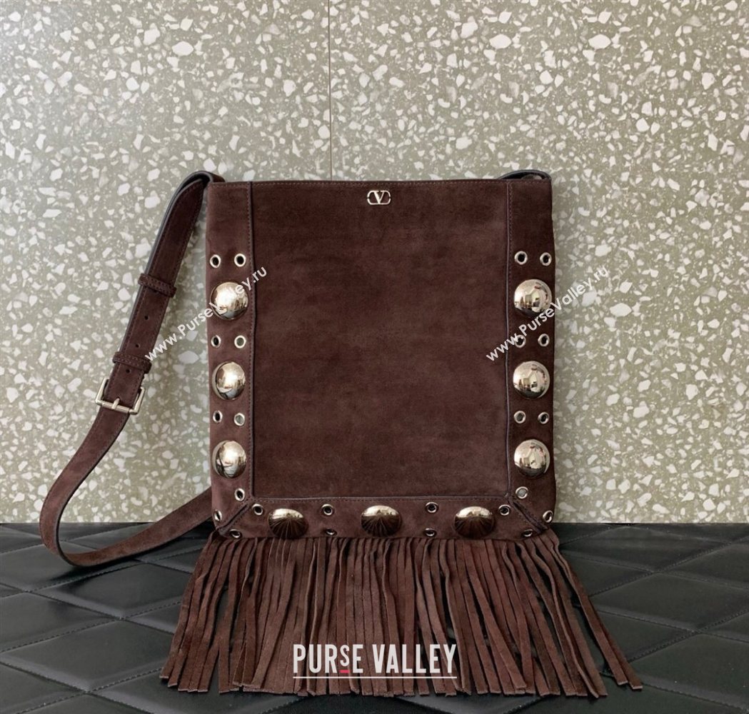 Valentino Nellcôte Shoulder Bag in Suede with Fringes Tassel and Ball Studs Brown 2025 2033 (LKF-250626051)