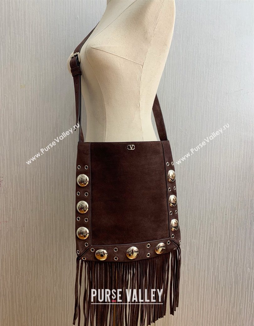 Valentino Nellcôte Shoulder Bag in Suede with Fringes Tassel and Ball Studs Brown 2025 2033 (LKF-250626051)