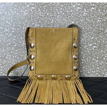 Valentino Nellcôte Shoulder Bag in Suede with Fringes Tassel and Ball Studs Khaki 2025 2033 (LKF-250626052)