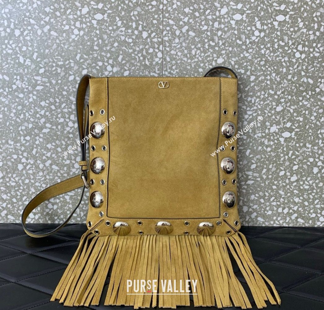 Valentino Nellcôte Shoulder Bag in Suede with Fringes Tassel and Ball Studs Khaki 2025 2033 (LKF-250626052)