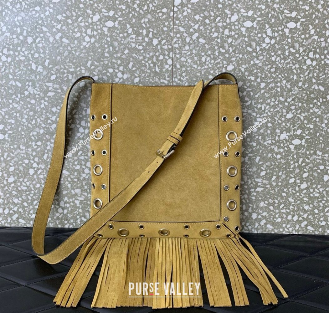Valentino Nellcôte Shoulder Bag in Suede with Fringes Tassel and Ball Studs Khaki 2025 2033 (LKF-250626052)