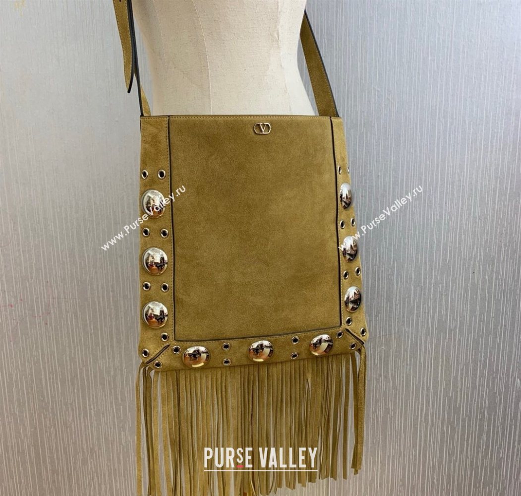 Valentino Nellcôte Shoulder Bag in Suede with Fringes Tassel and Ball Studs Khaki 2025 2033 (LKF-250626052)