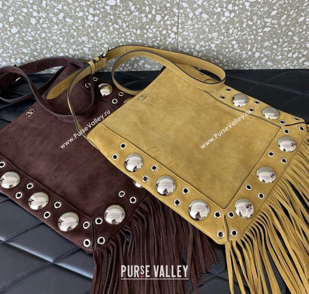 Valentino Nellcôte Shoulder Bag in Suede with Fringes Tassel and Ball Studs Khaki 2025 2033 (LKF-250626052)