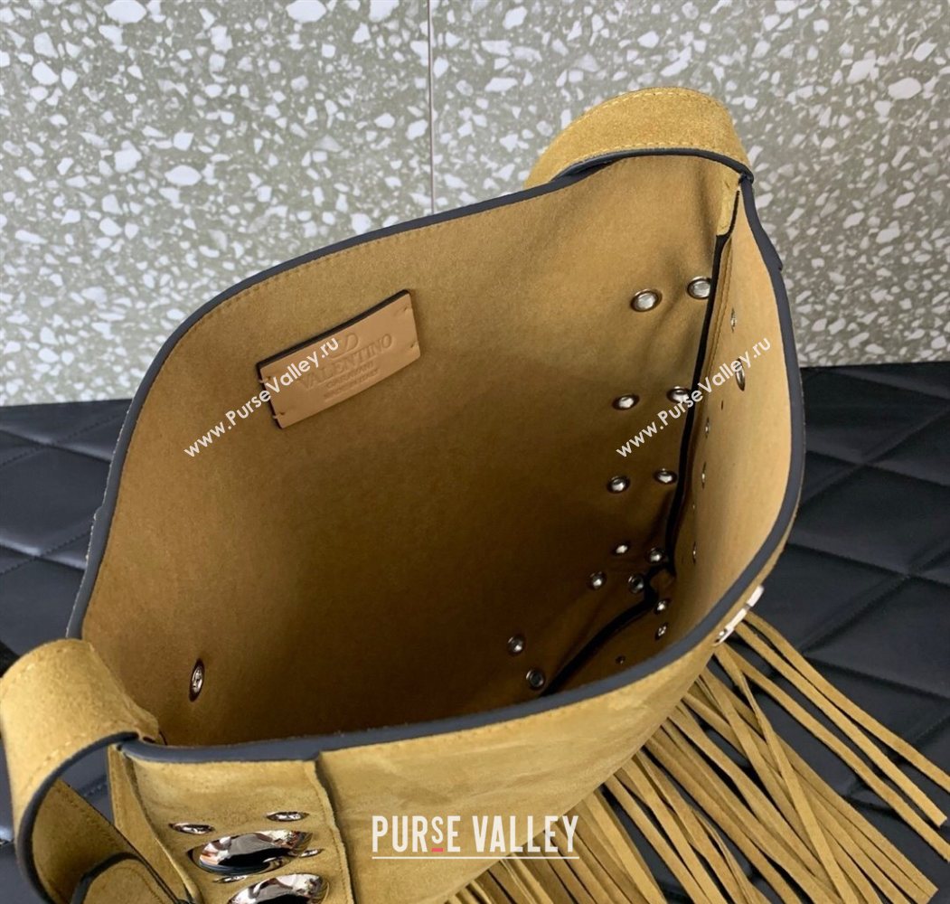 Valentino Nellcôte Shoulder Bag in Suede with Fringes Tassel and Ball Studs Khaki 2025 2033 (LKF-250626052)