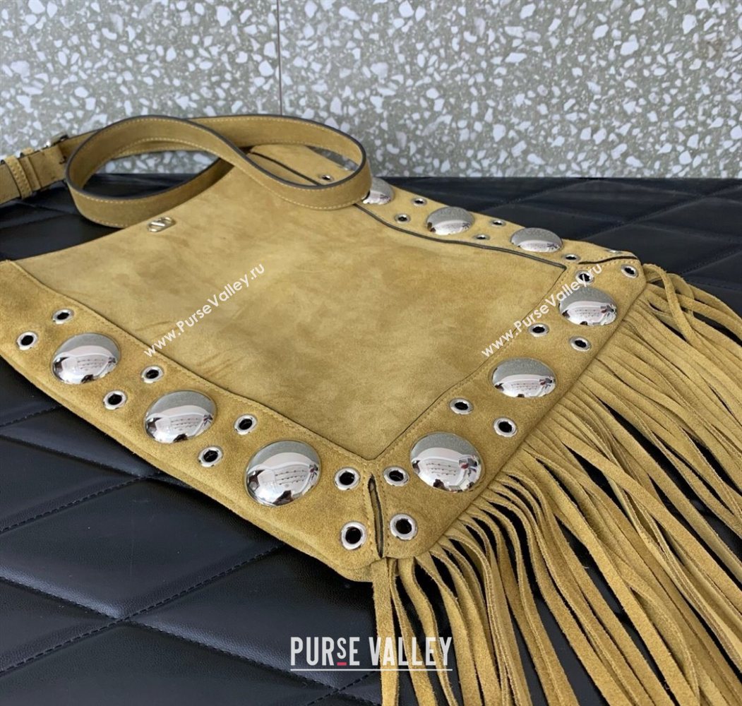 Valentino Nellcôte Shoulder Bag in Suede with Fringes Tassel and Ball Studs Khaki 2025 2033 (LKF-250626052)
