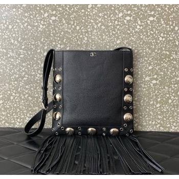 Valentino Nellcôte Shoulder Bag in Grainy Calfskin with Fringes Tassel and Ball Studs Black 2025 2033 (LKF-250626053)