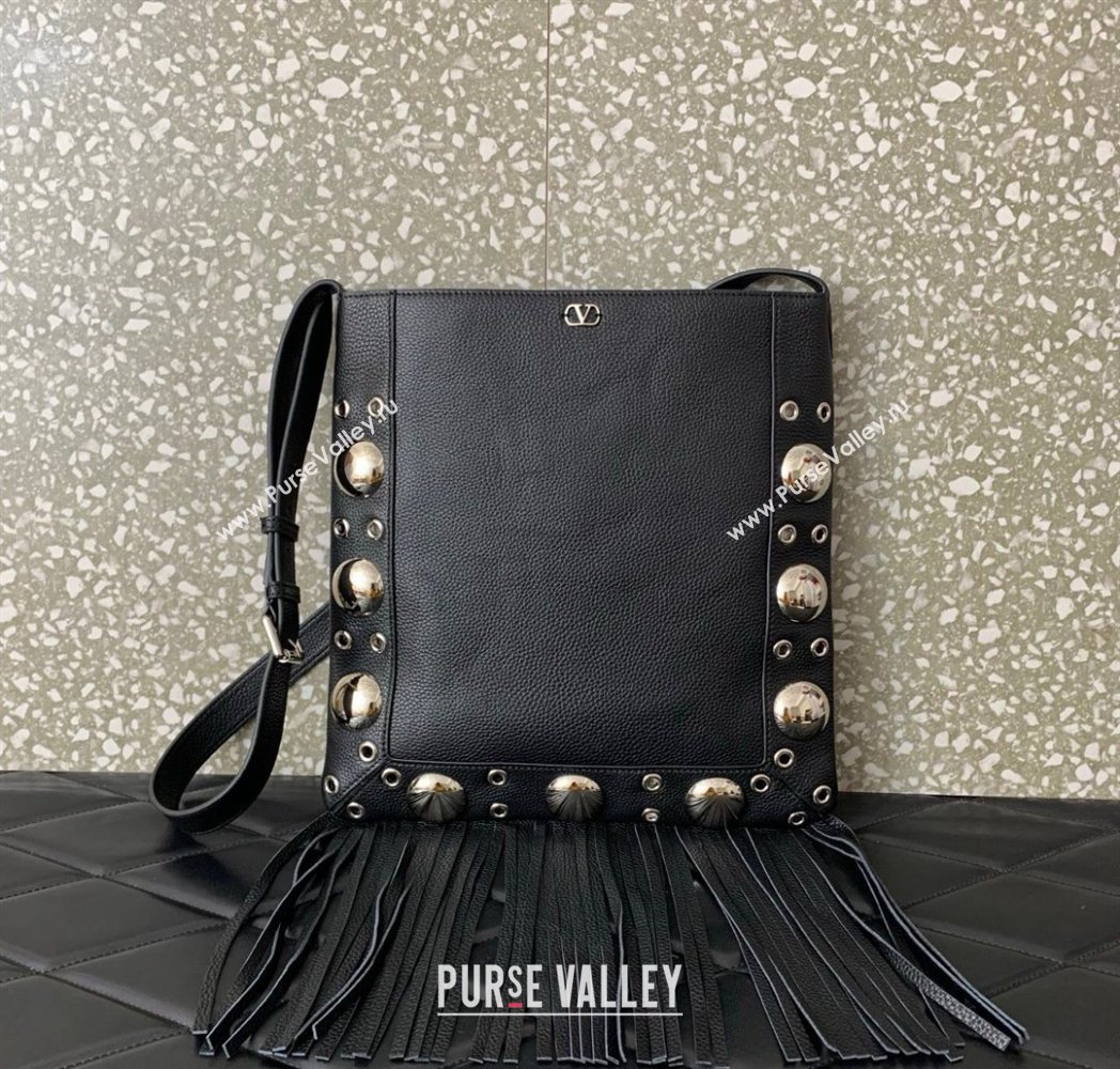 Valentino Nellcôte Shoulder Bag in Grainy Calfskin with Fringes Tassel and Ball Studs Black 2025 2033 (LKF-250626053)