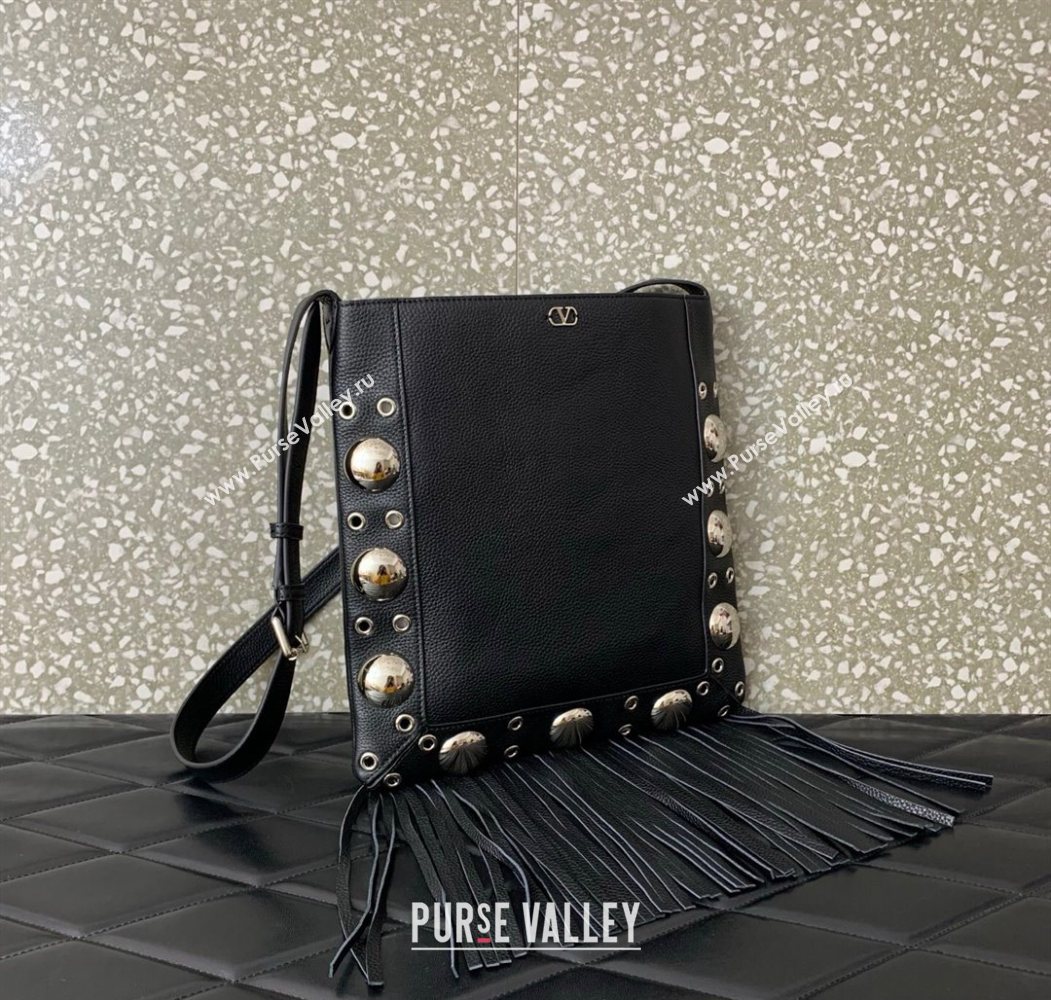 Valentino Nellcôte Shoulder Bag in Grainy Calfskin with Fringes Tassel and Ball Studs Black 2025 2033 (LKF-250626053)