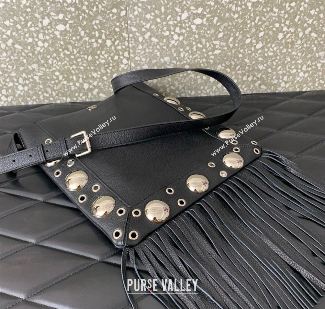 Valentino Nellcôte Shoulder Bag in Grainy Calfskin with Fringes Tassel and Ball Studs Black 2025 2033 (LKF-250626053)