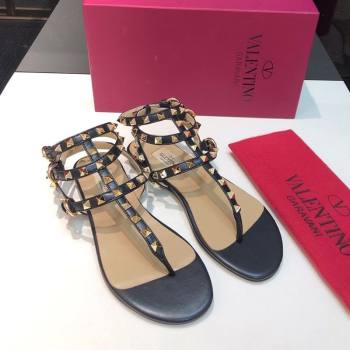 Valentino Classic Rockstud Flat Thong Sandals in Calfskin Leather with Ankle Strap Black Upper 2025 0711 (XL-250711071)
