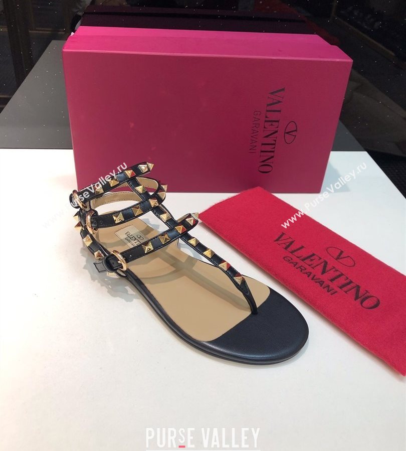 Valentino Classic Rockstud Flat Thong Sandals in Calfskin Leather with Ankle Strap Black Upper 2025 0711 (XL-250711071)