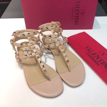 Valentino Classic Rockstud Flat Thong Sandals in Calfskin Leather with Ankle Strap Nude Pink 2025 0711 (XL-250711072)