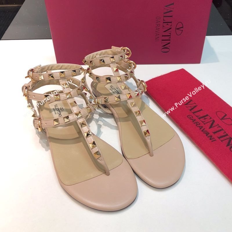 Valentino Classic Rockstud Flat Thong Sandals in Calfskin Leather with Ankle Strap Nude Pink 2025 0711 (XL-250711072)