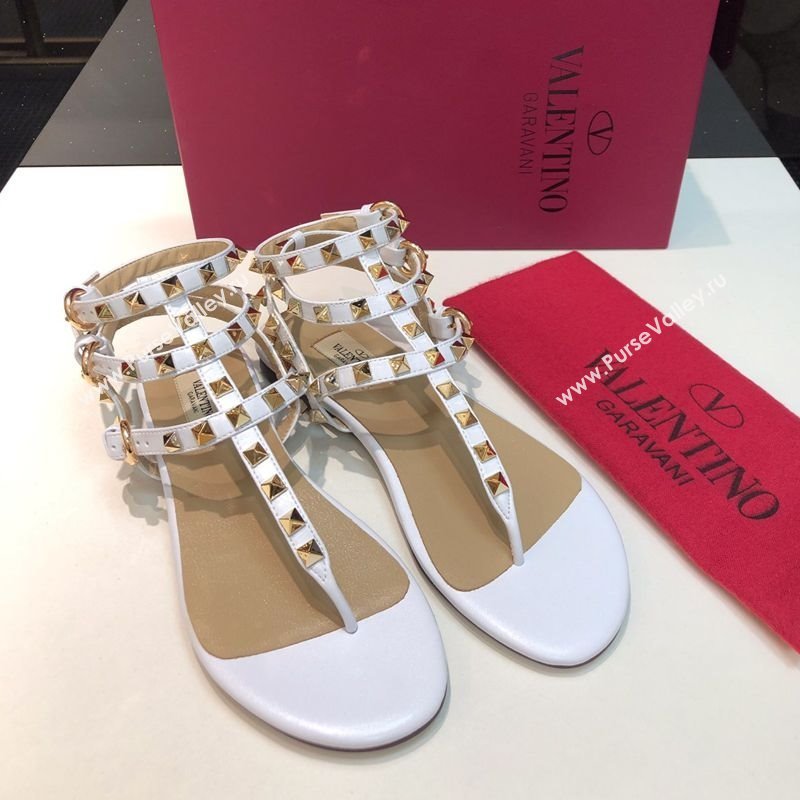 Valentino Classic Rockstud Flat Thong Sandals in Calfskin Leather with Ankle Strap White 2025 0711 (XL-250711073)