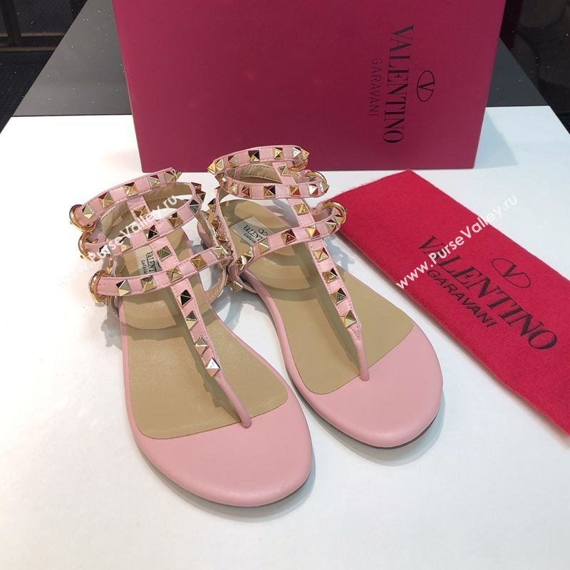 Valentino Classic Rockstud Flat Thong Sandals in Calfskin Leather with Ankle Strap Light Pink 2025 0711 (XL-250711074)