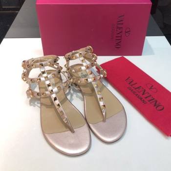 Valentino Classic Rockstud Flat Thong Sandals in Calfskin Leather with Ankle Strap Metallic Pink 2025 0711 (XL-250711075)