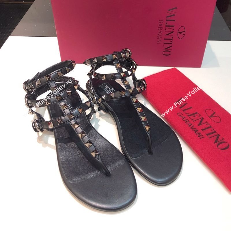 Valentino Classic Rockstud Flat Thong Sandals in Calfskin Leather with Ankle Strap Black2 2025 0711 (XL-250711076)
