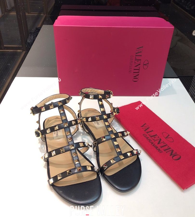 Valentino Classic Rockstud Flat Sandals in Calfskin Leather with Straps Black 2025 0711 (XL-250711077)