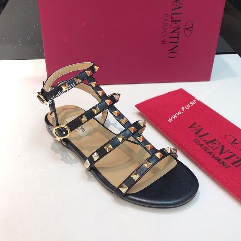 Valentino Classic Rockstud Flat Sandals in Calfskin Leather with Straps Black 2025 0711 (XL-250711077)