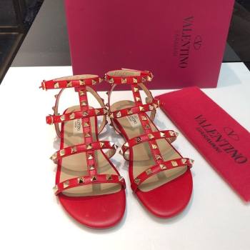 Valentino Classic Rockstud Flat Sandals in Calfskin Leather with Straps Red 2025 0711 (XL-250711081)